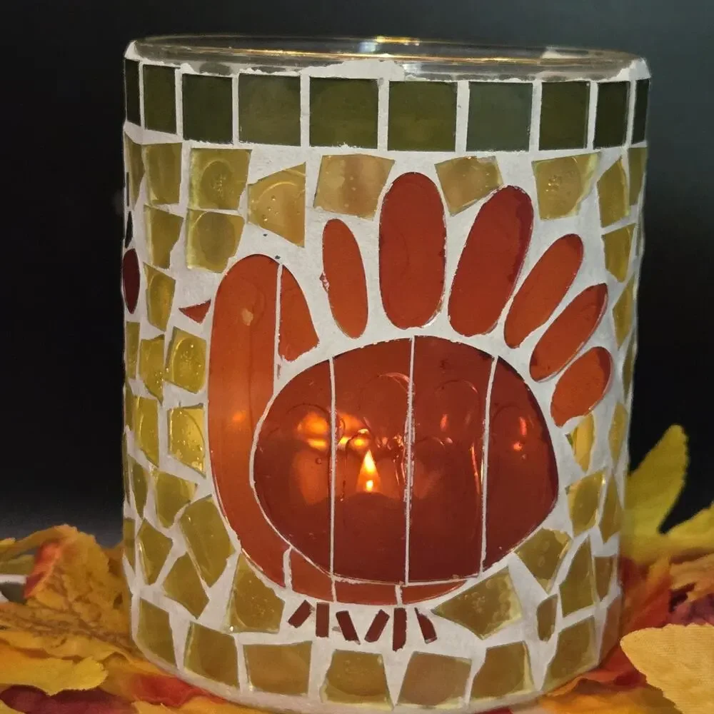 Mosaic Glass Turkey Tealight Candle Holder Orange Red Thanksgiving Centerpiece